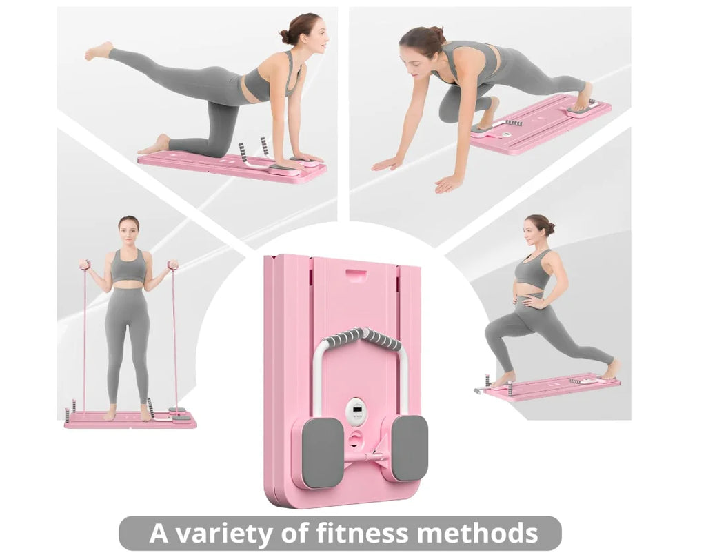 Pink exercise device with various fitness poses 