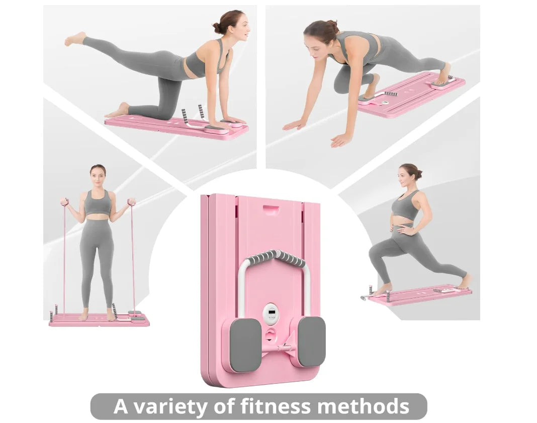 Pink exercise device with various fitness poses 