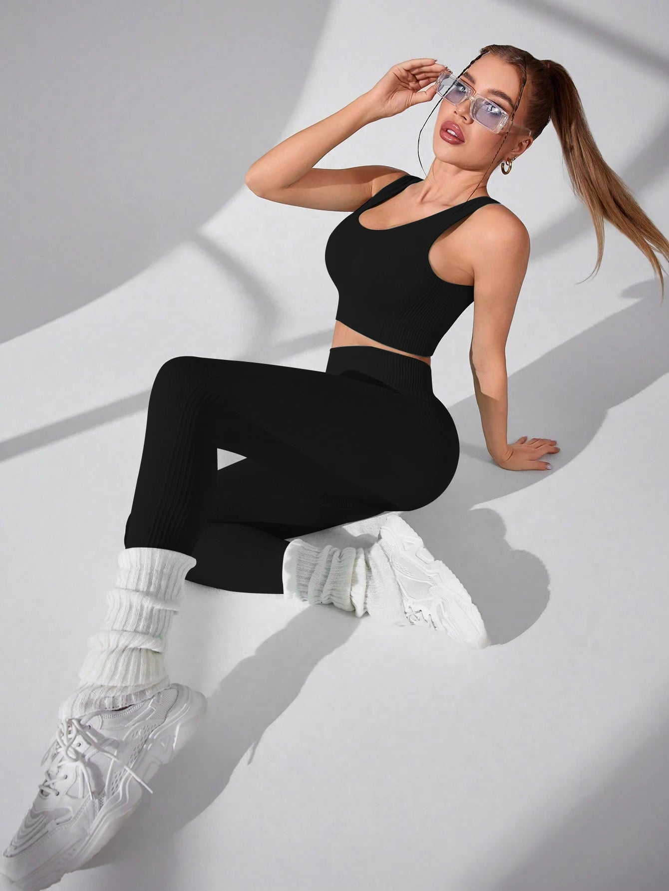 Workout Sets 2 Piece - Seamless Yoga Leggings and Cross-Strap Sports Bra