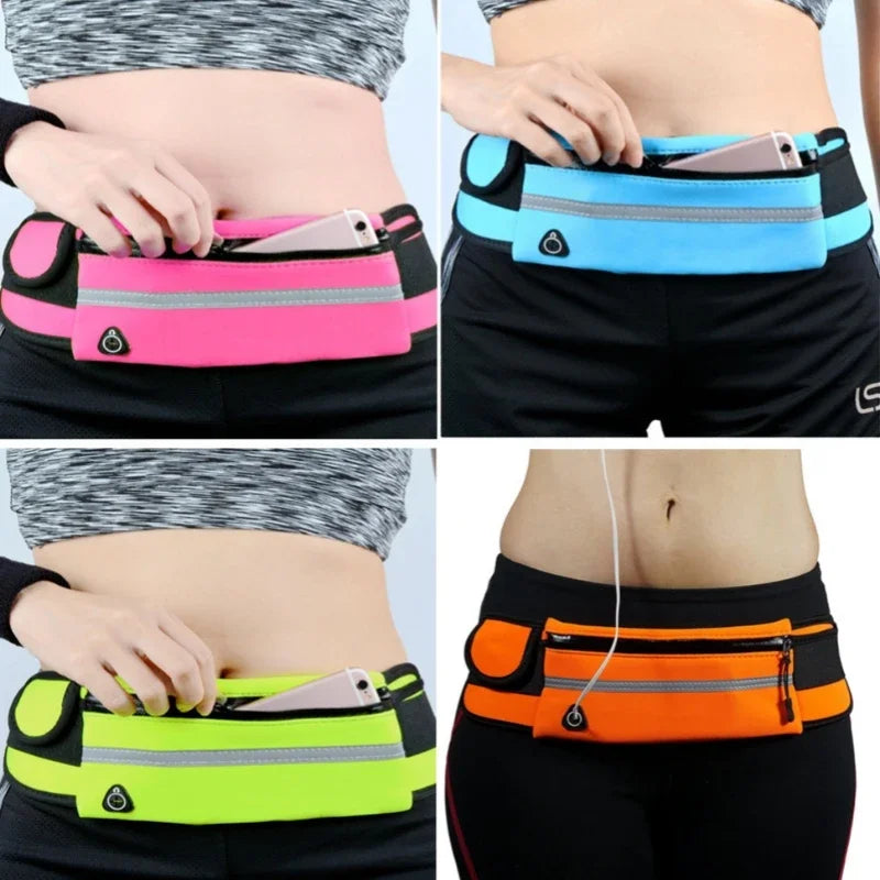 Four different colored waist bags being worn by a person, including pink, blue, green, and orange.
