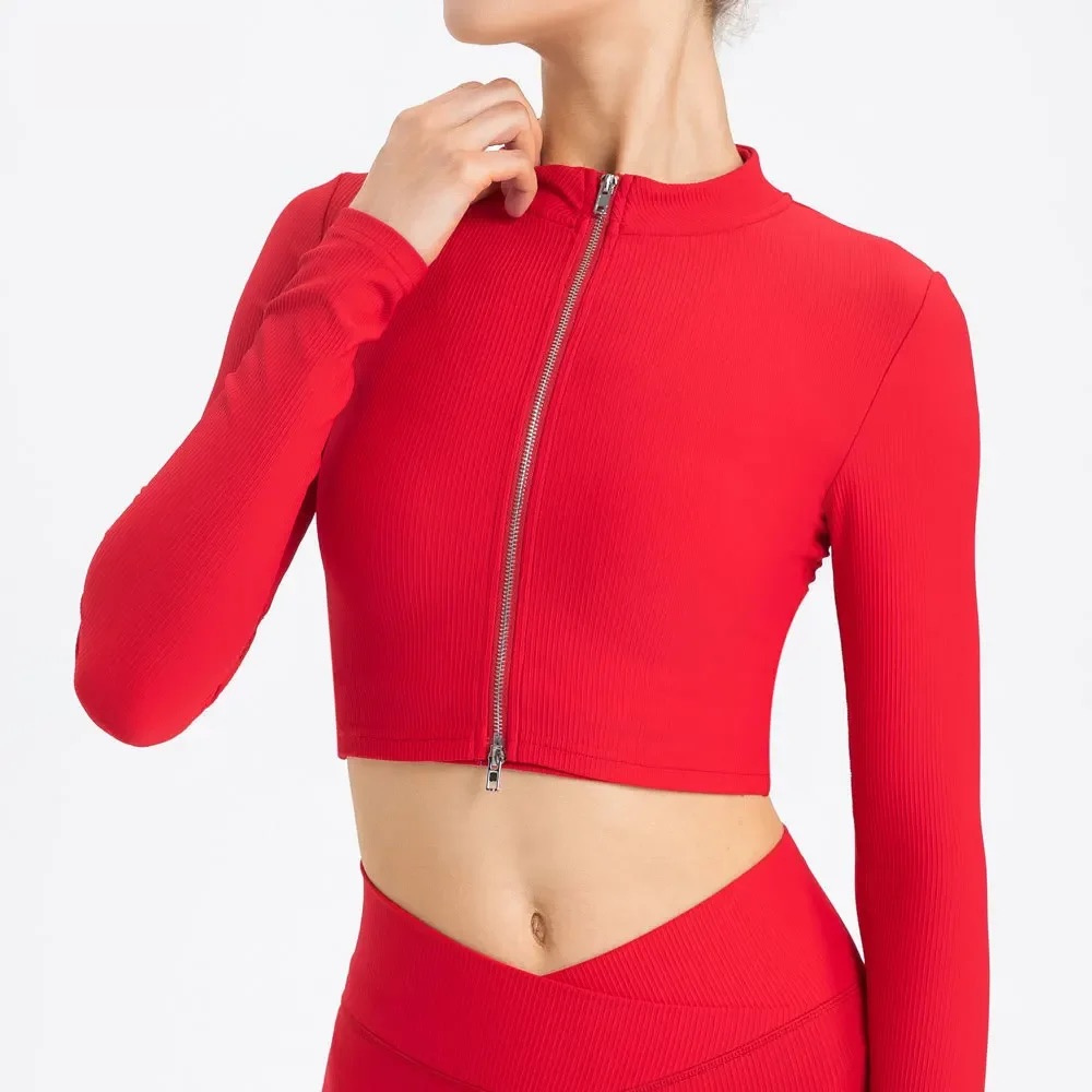 Red long-sleeve yoga jacket with a zipper